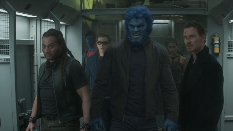 Beast, Magneto, Professor Xavier, Cyclops, and Nightcrawler prepare to fight on a train.