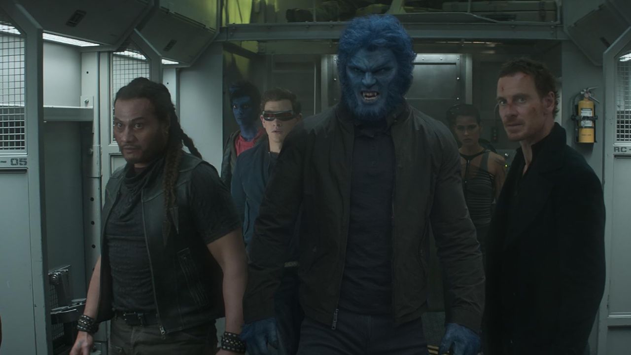 Beast, Magneto, Professor Xavier, Cyclops, and Nightcrawler prepare to fight on a train.