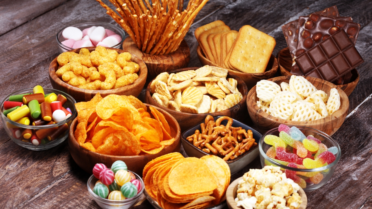 Snacks, potato chips, pretzels, candy, popcorn, crackers, cheese puffs