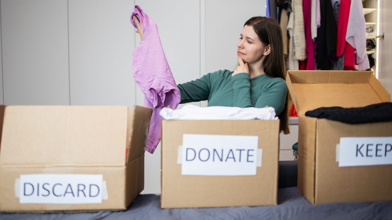 Woman cleaning out closet to Donate, keep, or discard items