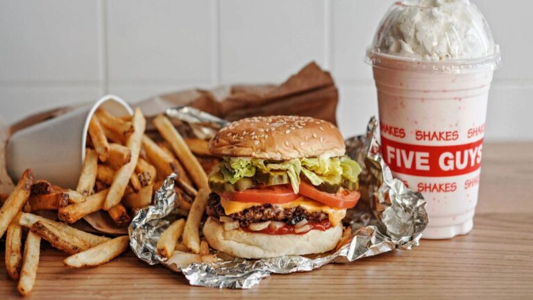 Five Guys double burger with fries and a milkshake.