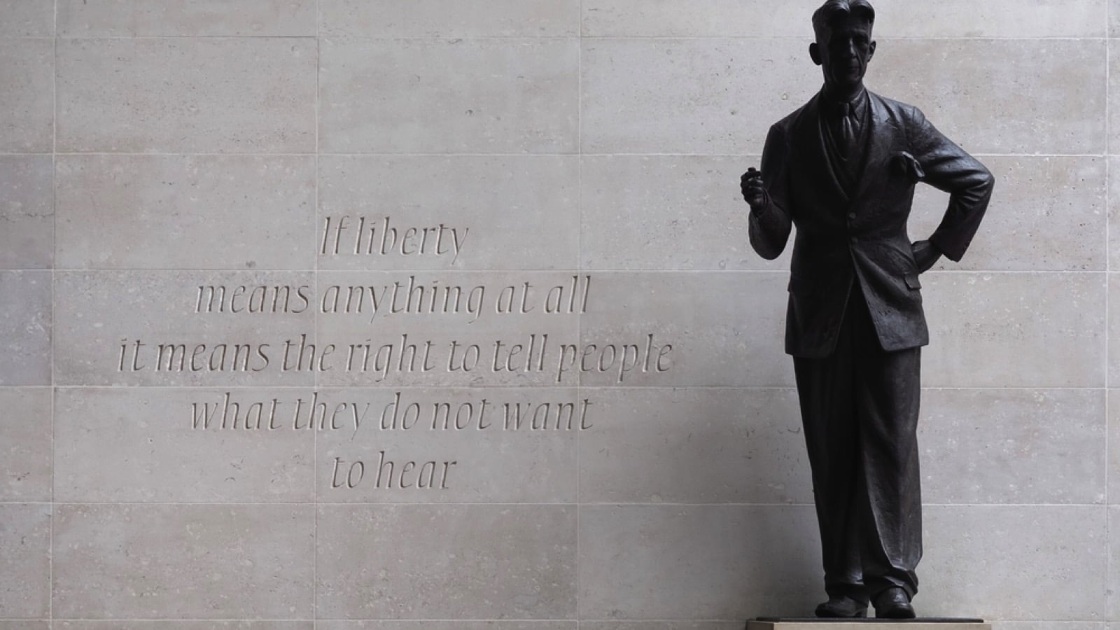 LONDON, UK - CIRCA SEPTEMBER 2019: George Orwell in front of BBC Broadcasting House in Portland Place