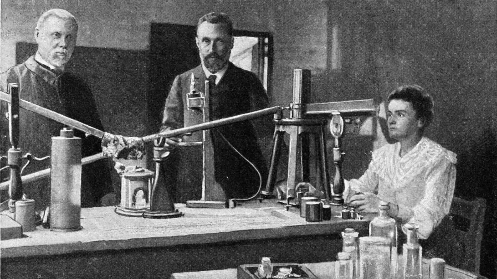 Mr and Mrs Curie in their laboratory