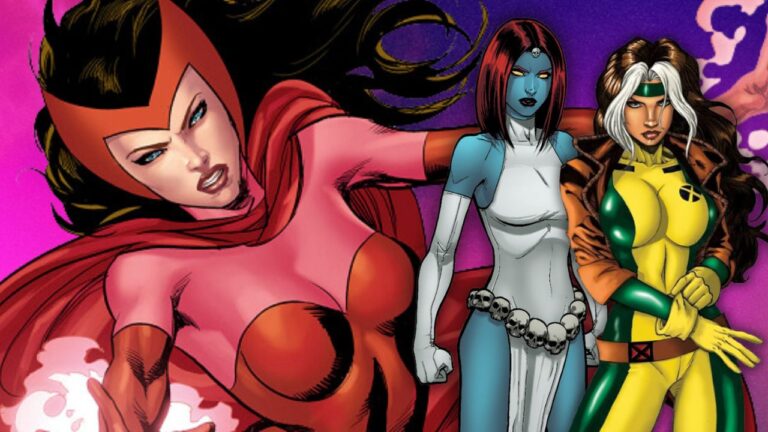 Scarlet Witch, Mystique and Rogue on an edited image with a pink background. female X-men