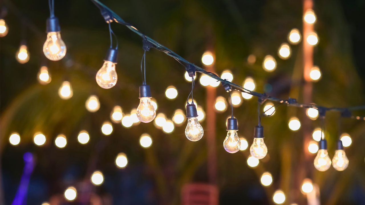 Fairy lights, bulb lights, outdoor lighting, patio lighting, summertime lighting for outdoor events and parties.