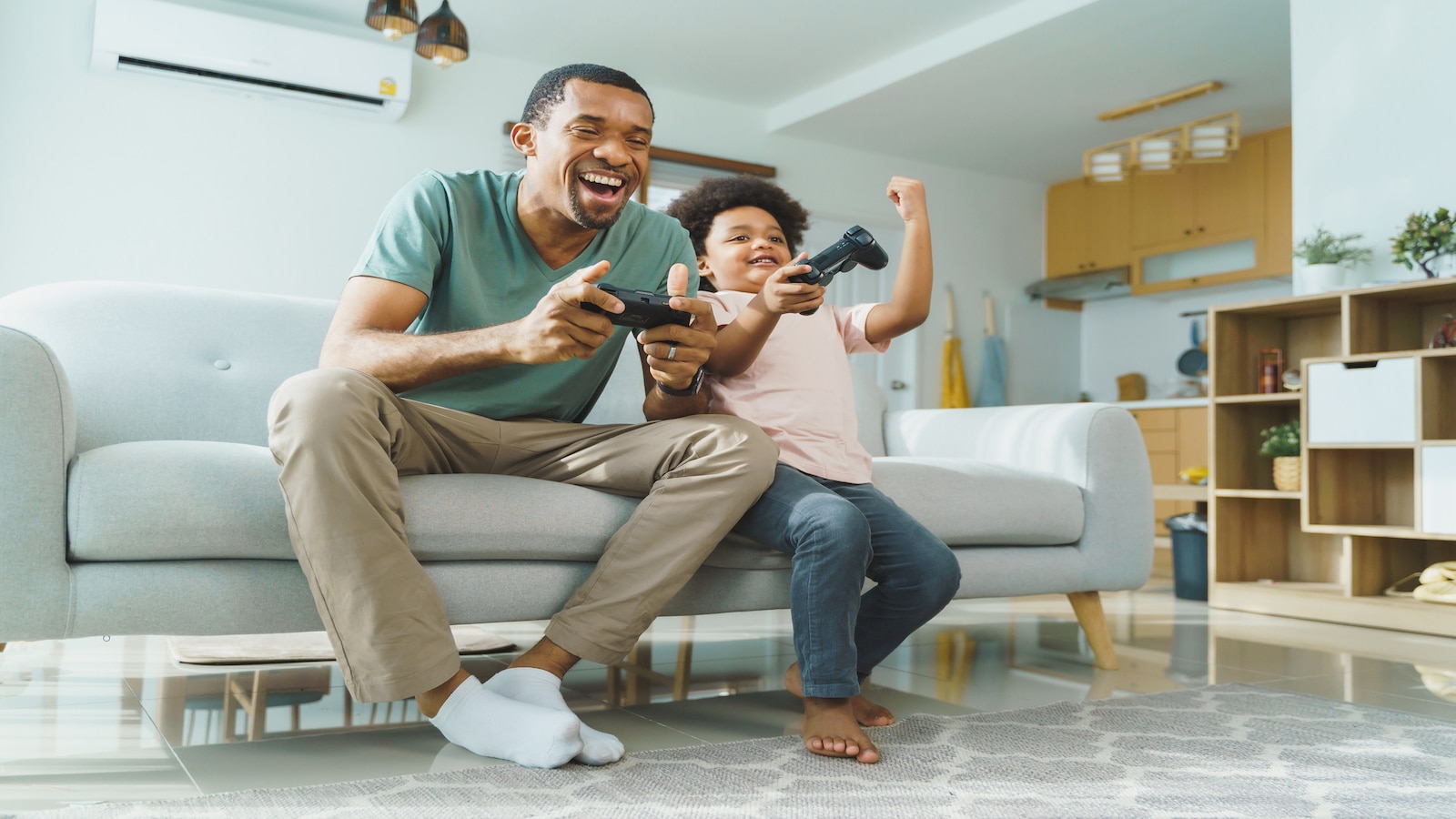 family playing video games together.