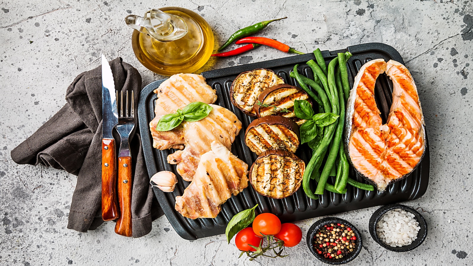 Healthy plate of grilled lean meats and vegetables.