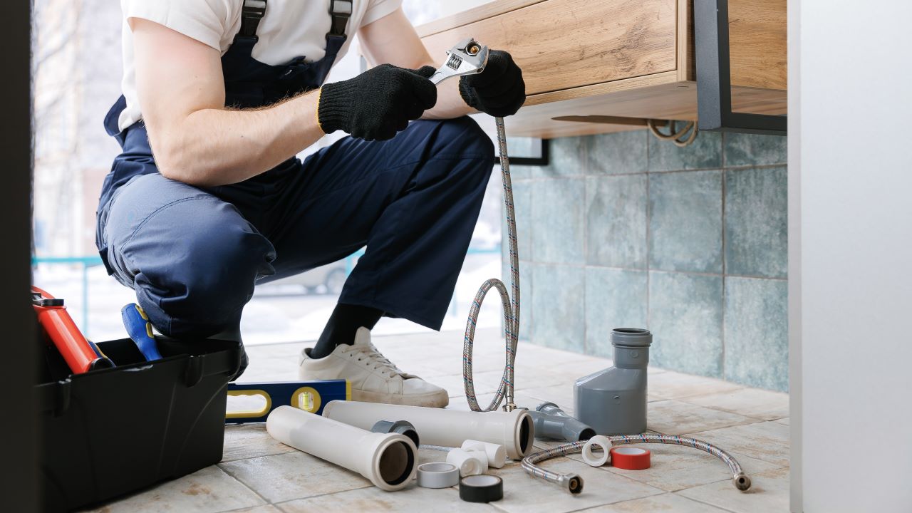 Plumber installing fixtures running water. Plumber man fix repair service wraps fluoroplastic sealing material tape around faucet hose. Concept install plumbing in bathroom.