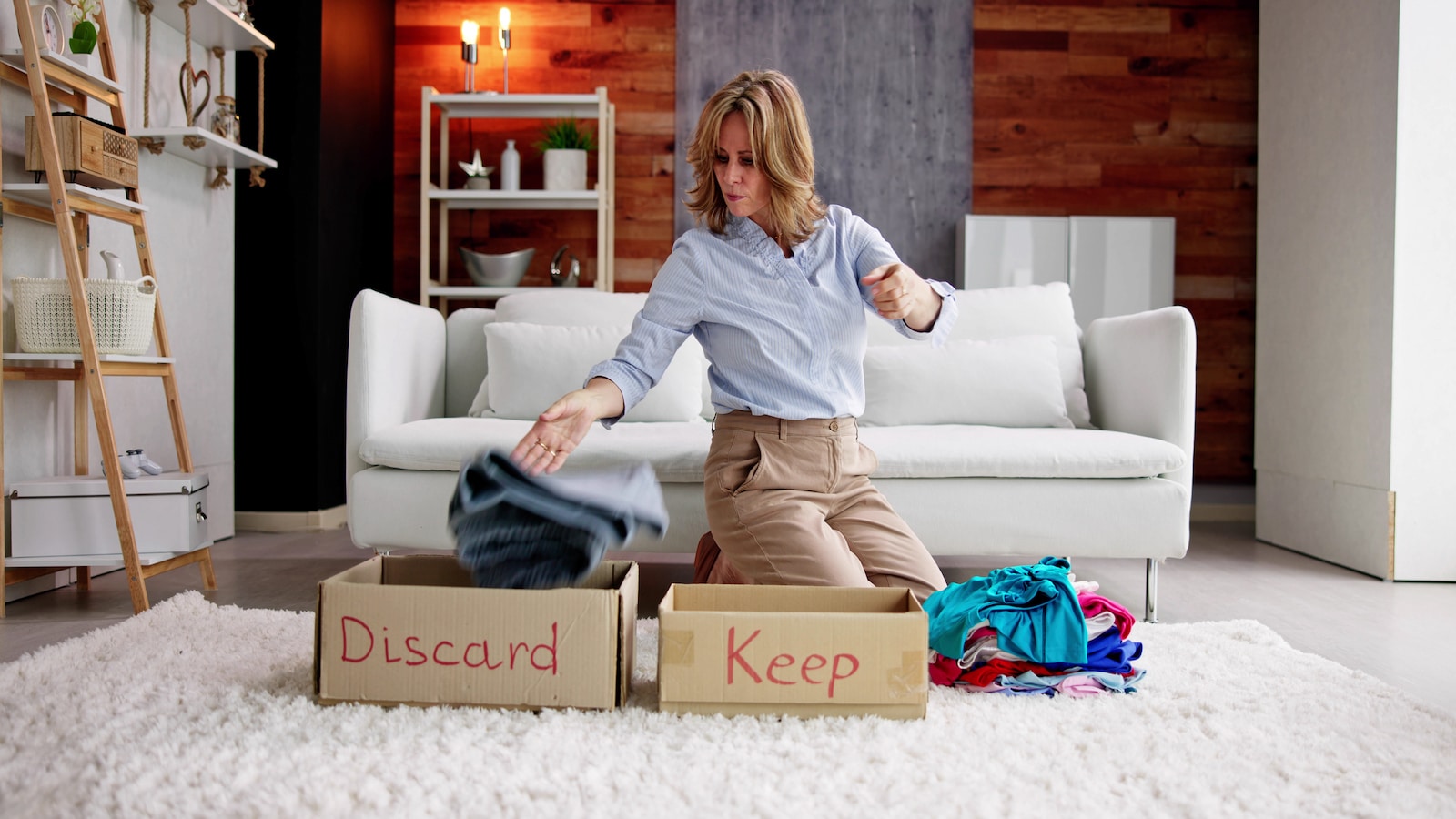 woman decluttering clothes.