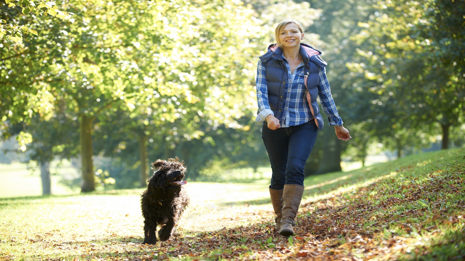 Woman walking dog bright sunny day.