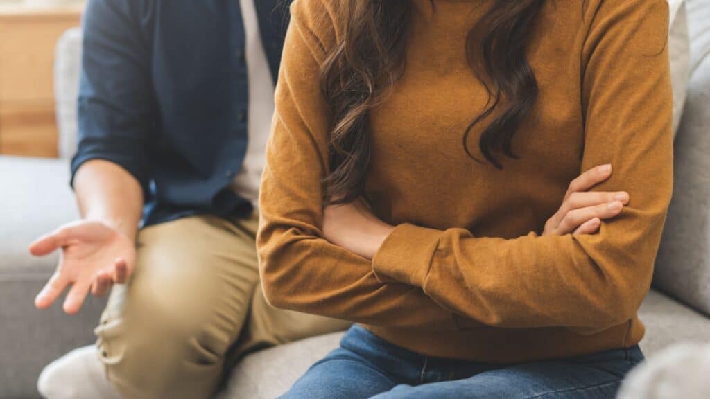 Breakup and depressed, asian young quarrel couple love fight relationship in trouble. Different people are emotion angry. Argue wife has expression upset with husband. Problem of family people.
