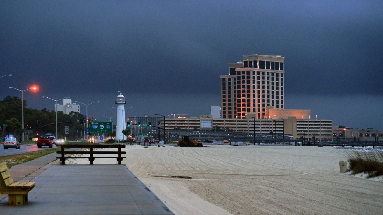 Gulfport, Mississippi - Feb 2016: View of Resort and Lighthouse on stormy night.