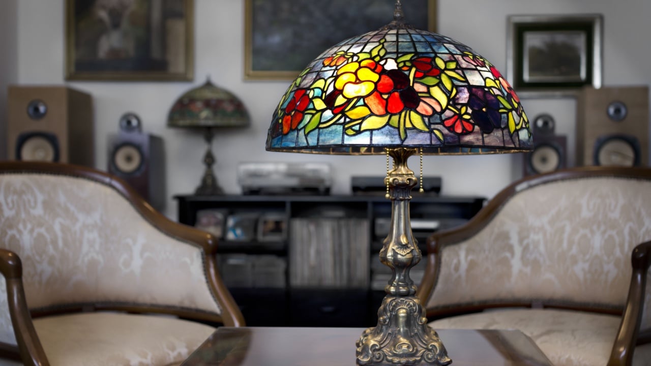 Stained glass antique lamp and lamp shade.