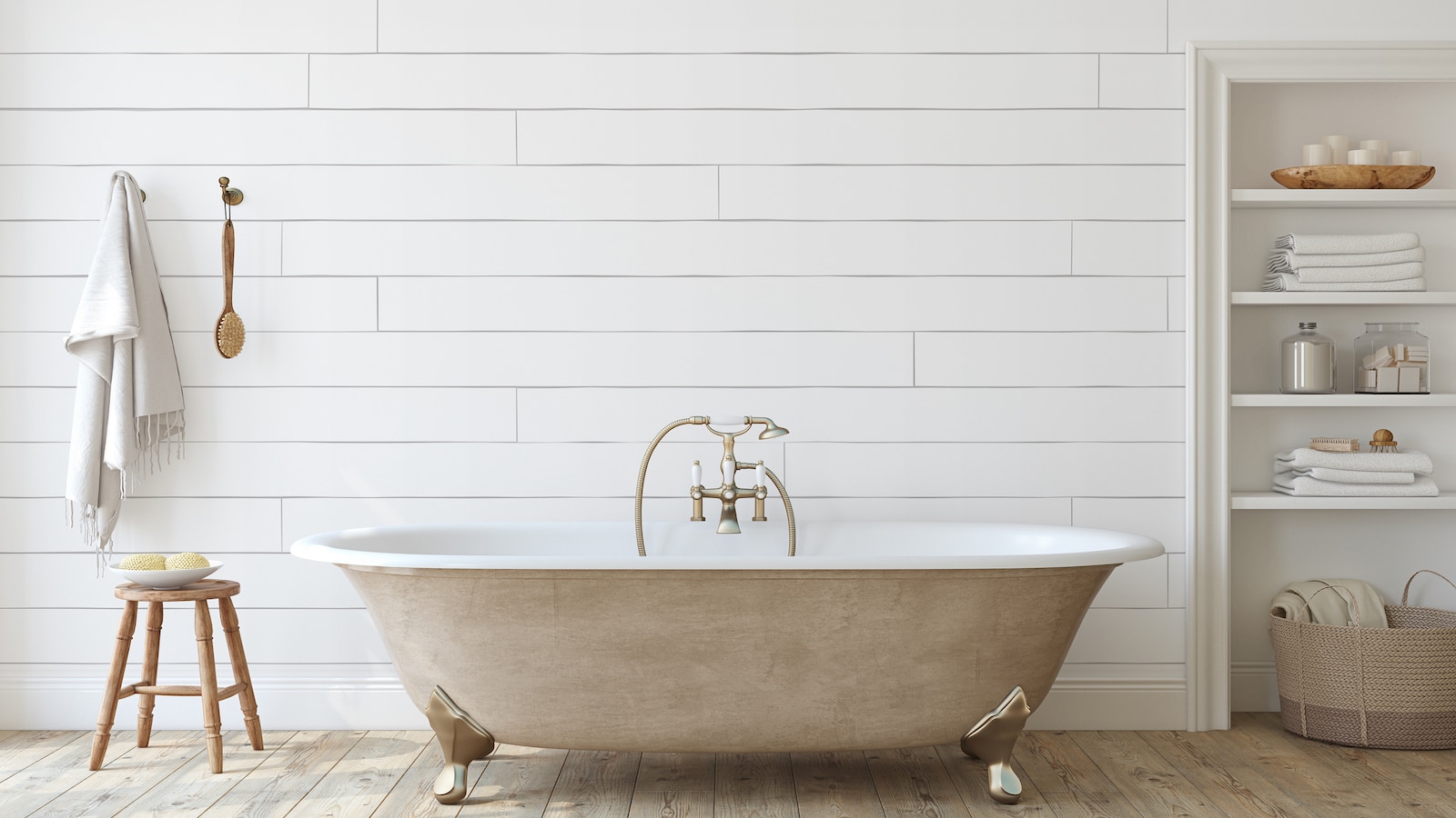 Minimalist farmhouse bathroom with shiplap wall.