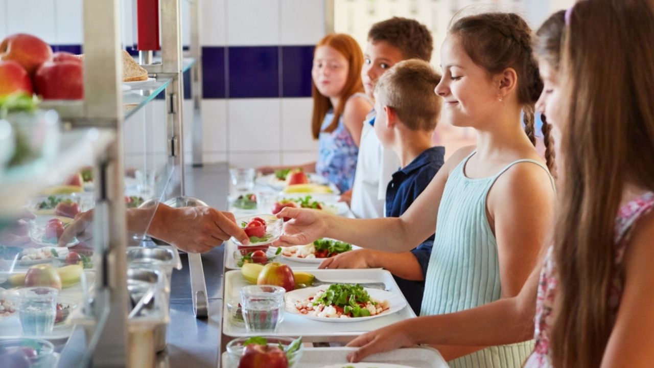 Group of children as elementary students at buffet line, enjoying variety of food options