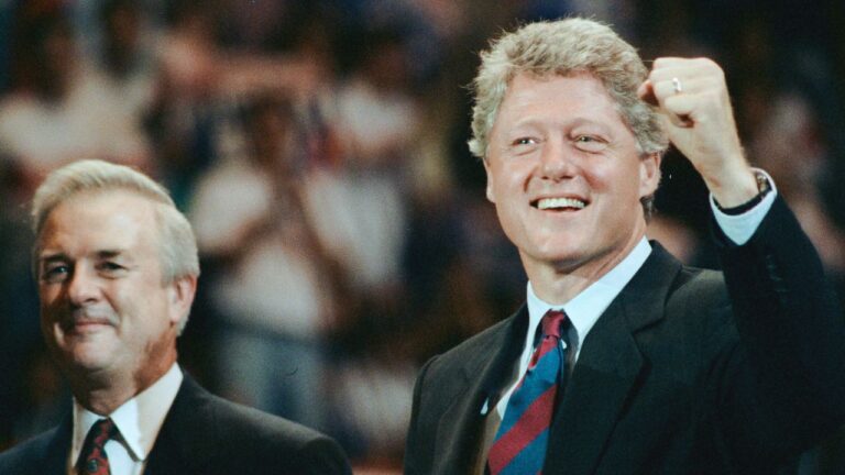 North Carolina governor Jim Hunt introduced candidate Bill Clinton at a rally at North Carolina State University in Raleigh on October 4, 1992.