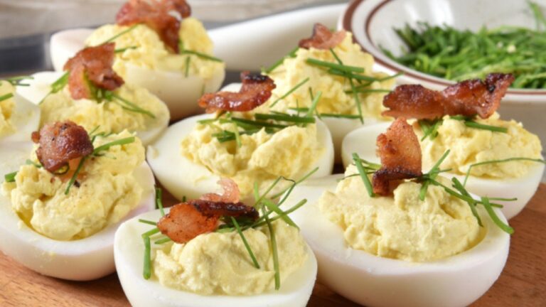 Deviled eggs with chives and bacon bits