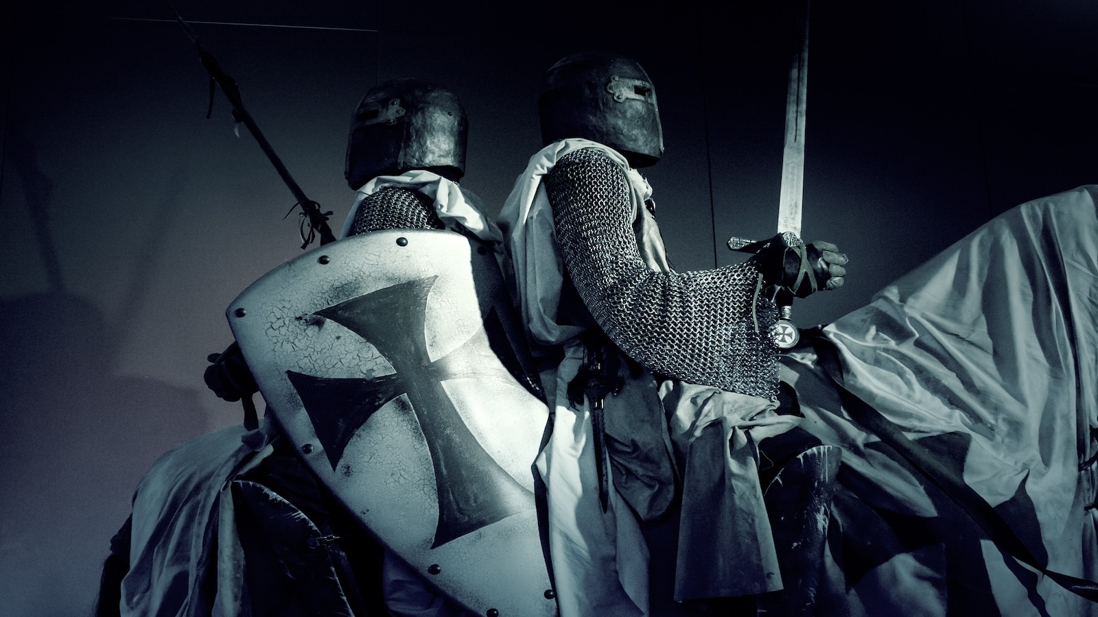 Knights Templar with armor on horse, history and war.