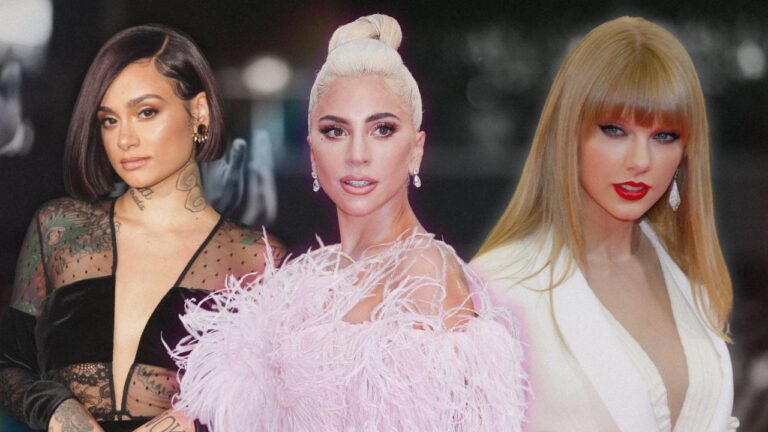 A grey blurry audience background with Kehlani, Lady Gaga and Taylor Swift featured.