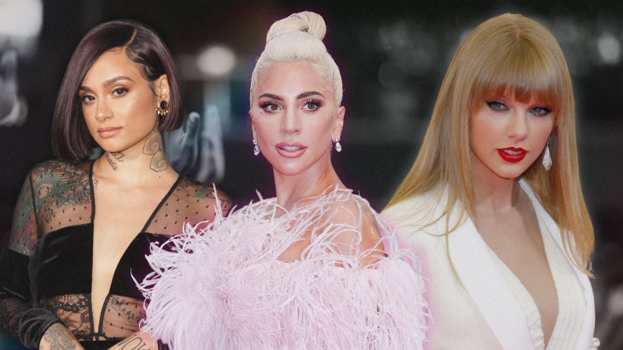 A grey blurry audience background with Kehlani, Lady Gaga and Taylor Swift featured.