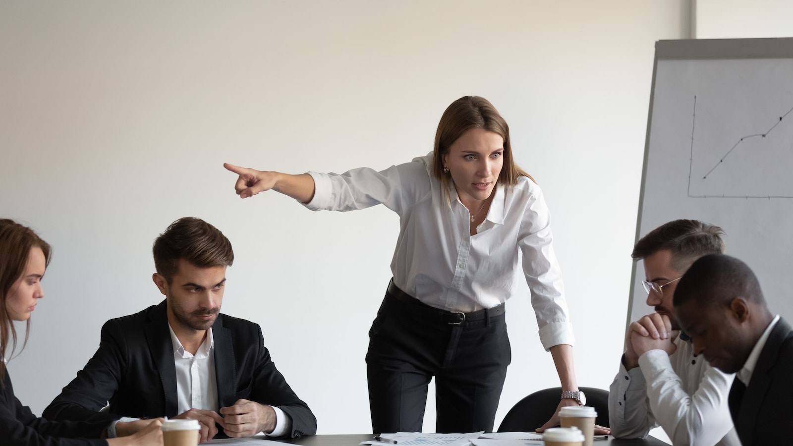Angry boss manager shouting at her team.