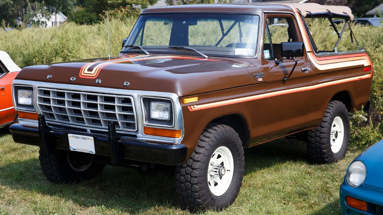 1978 Ford Bronco Ranger XLT soft top in Brown seen at a Cars & Coffee in Bridgehampton, NY.