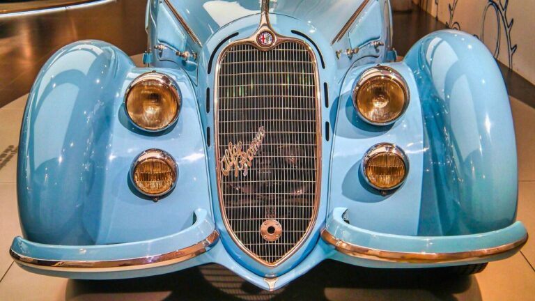 Front view grill of a baby blue Alfa Romeo Museum, Arese, Province of Milan, Region of Lombardy, Italy.