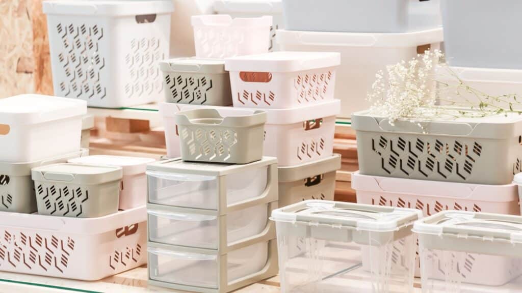 Organization of home space, storage and coziness, a lot of plastic household goods, new clean container boxes with a lid for easy storage of things.