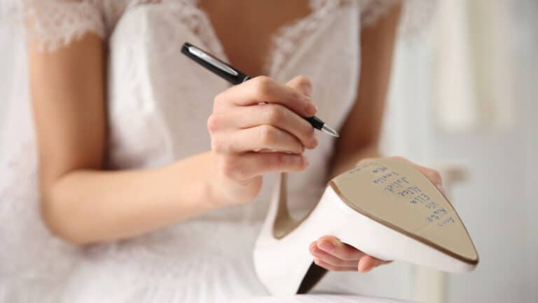 bride writing names on shoe