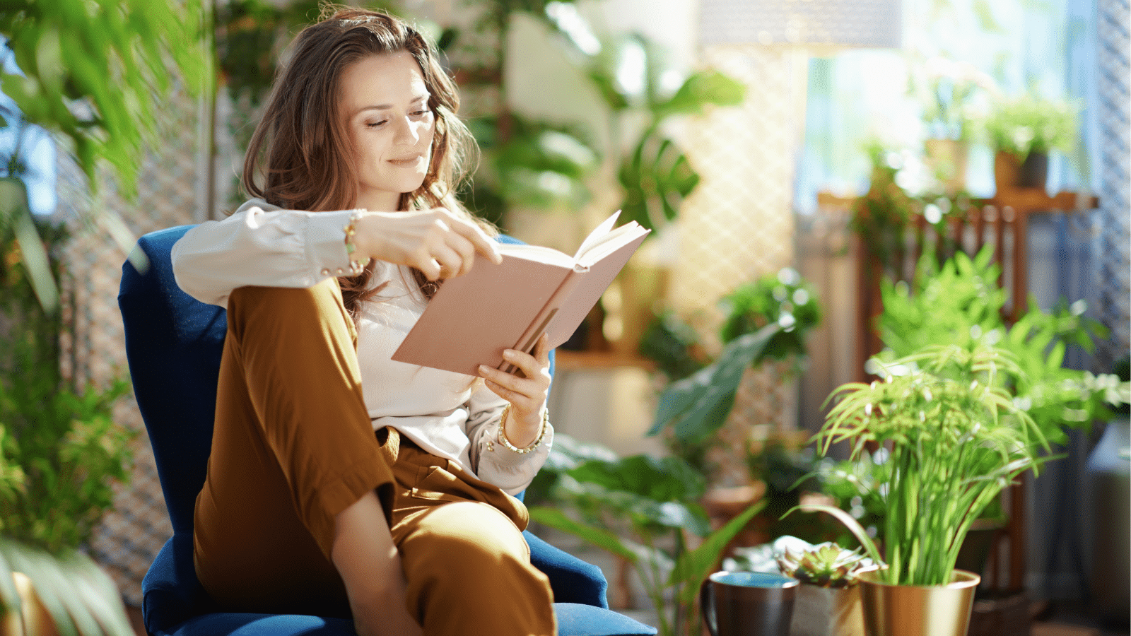 Green home, woman relaxed trendy middle aged woman the modern living room in sunny day.