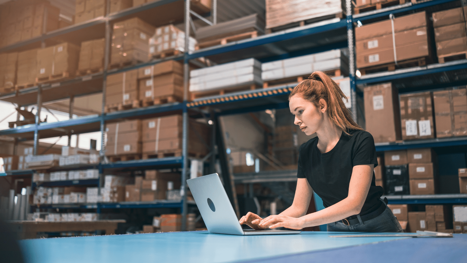Woman using laptop at warehouse, taking initiative.