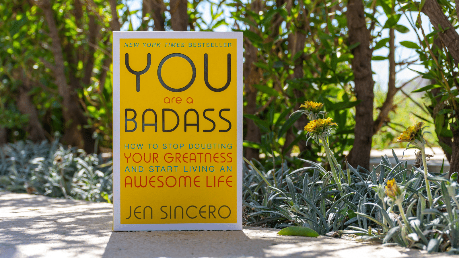 Close up Jen Sincero's You Are a Bada**: How to Stop Doubting Your Greatness and Start Living an Awesome Life Book in The Garden.