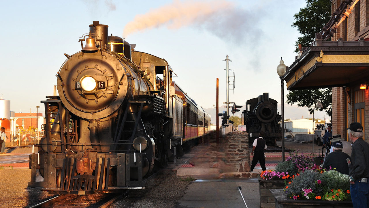 A photo of the Rio Grande Scenic Railroad Engine pulling into a depot