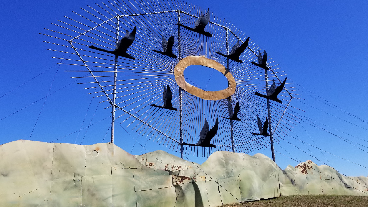 Close-up photo of the scrap metal artwork Geese in Flight, one of the scrap metal artworks along North Dakota's Enchanted Highway