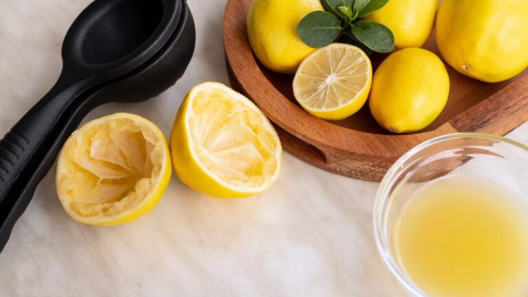 Lemon juicer, lemon juice and lemons on table
