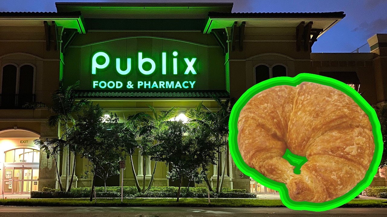 A croissant edited in front of a photo of the outside of a Publix grocery store.