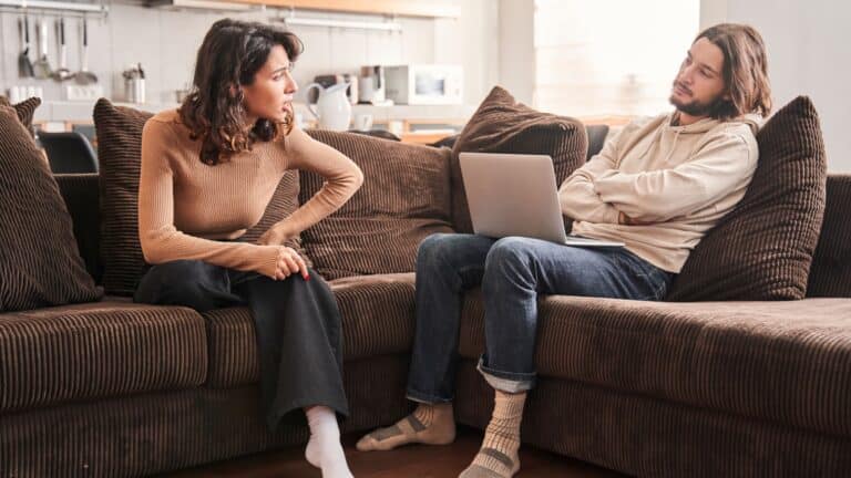 frustrated couple arguing unhappy.