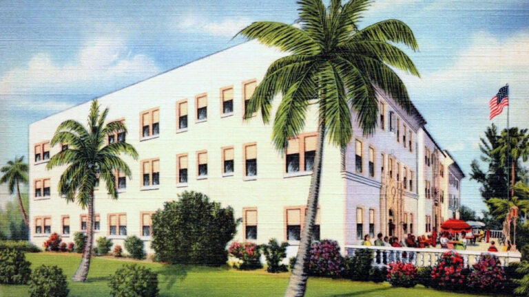 Digital scan of a postcard showing Terrace Apartment Hotel, Miami Beach, Florida