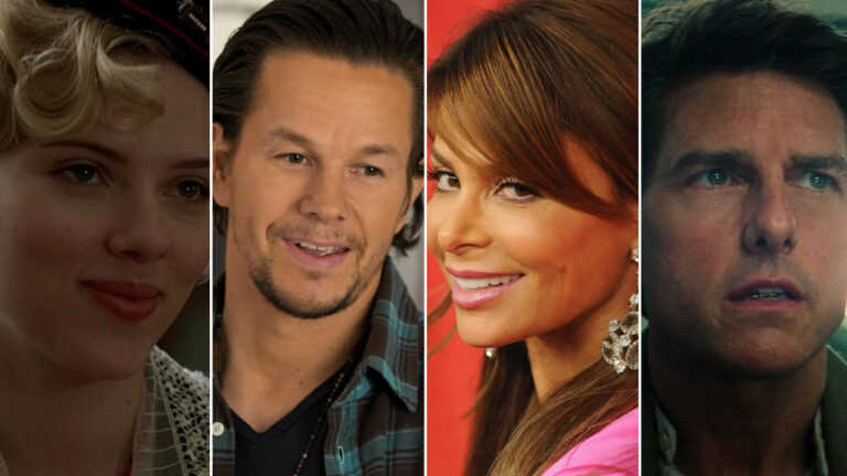 A collage of entertainers (from left to right): Scarlett Johannson, Mark Wahlberg, Paula Abdul and Tom Cruise.