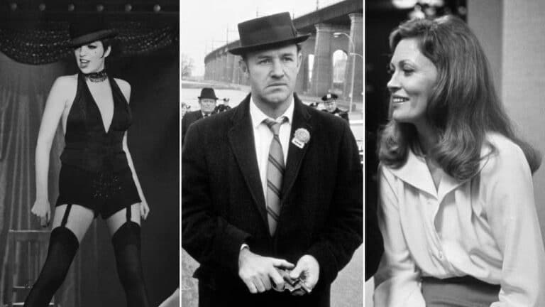 A collage of three 70s movies, Cabaret (1972), The French Connection (1971) and Network (1976)