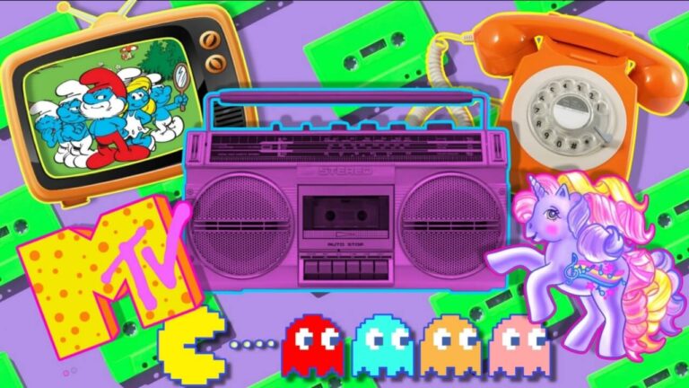 80s collage, 80s, 1980's, 1980s, mtv, Pac-Man, smurfs, my little pony, telephone