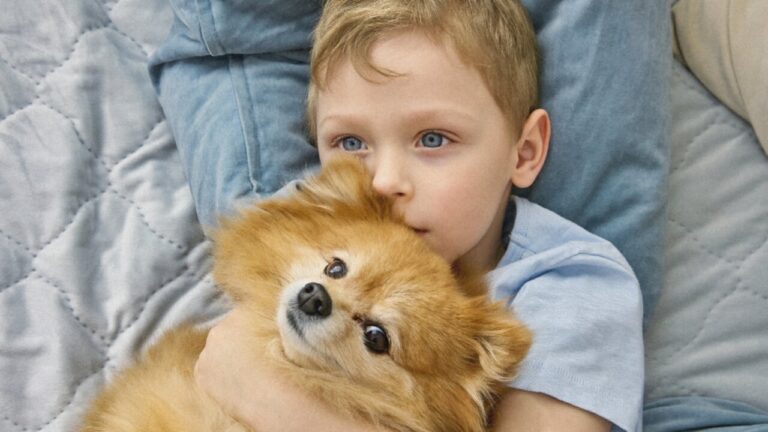 Little boy, child, kid snuggling, cuddling, hugging, holding pet dog