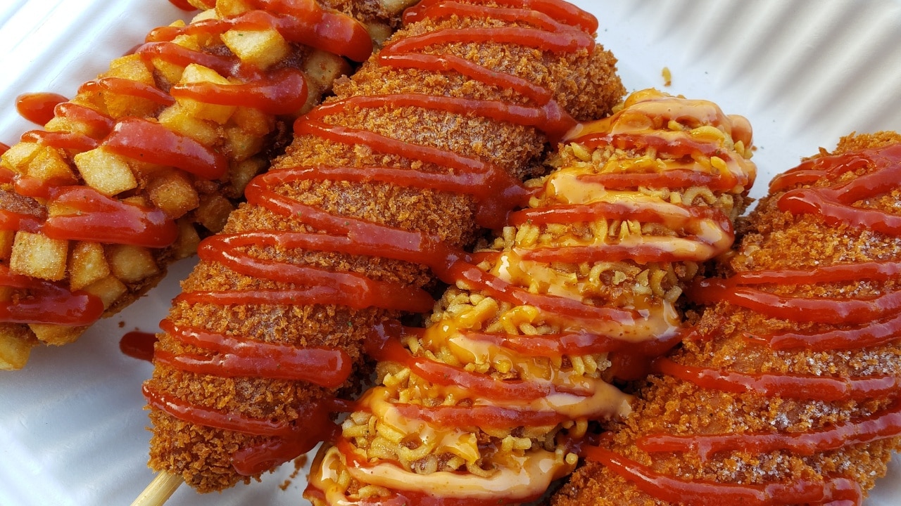 Korean Hot Corn Dogs of differed types.