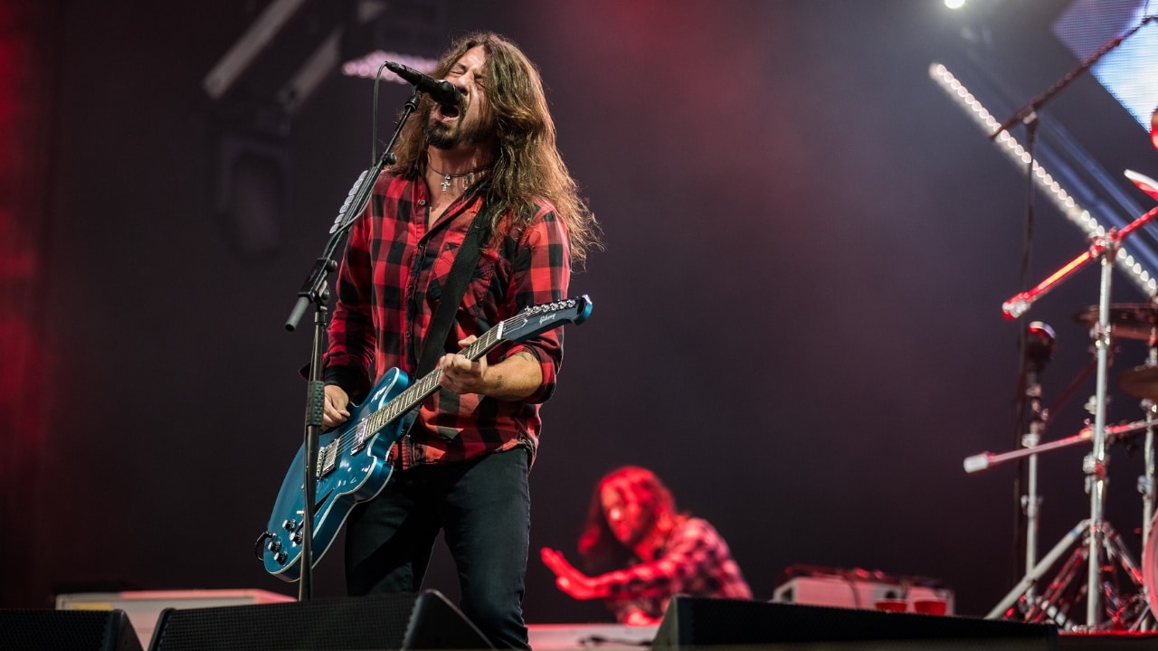 Foo Fighters frontman Dave Grohl performing with the band at Rock am Ring 2018.