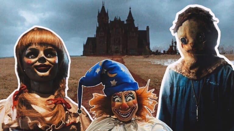 Annabelle from The Conjuring, Clown from Poltergeist and Thomas from The Orphanage in front of the mansion in Crimson Peak
