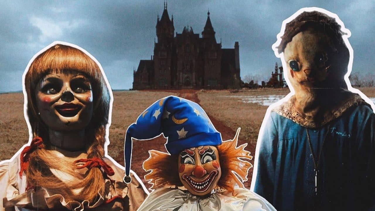 Annabelle from The Conjuring, Clown from Poltergeist and Thomas from The Orphanage in front of the mansion in Crimson Peak