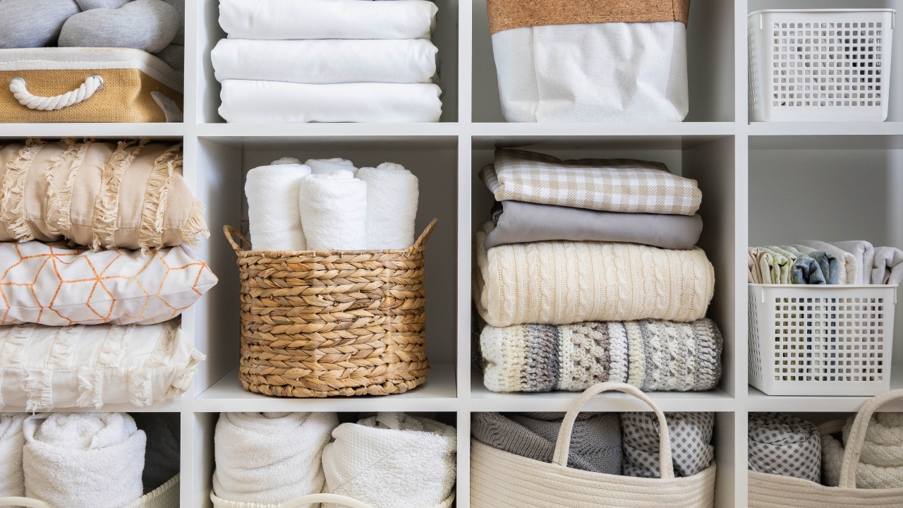 A linen closet in a residential home organized and neatly assembled for guests.