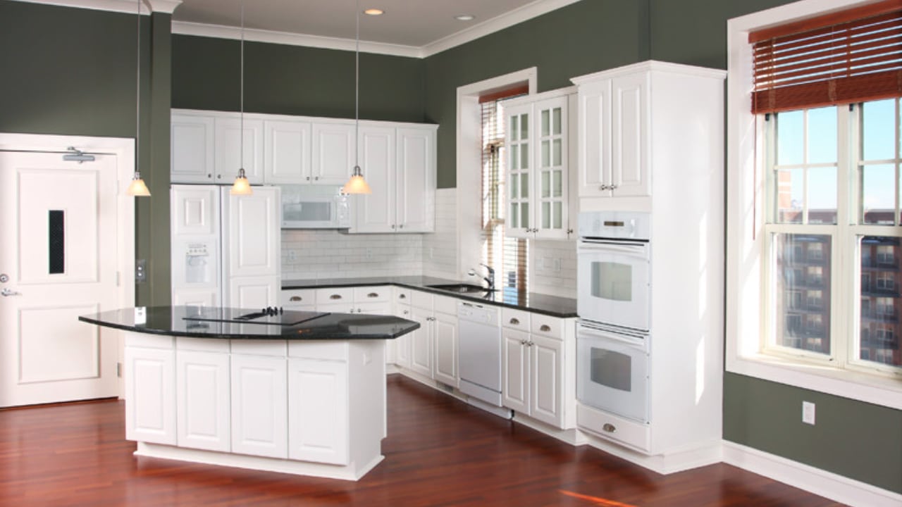 A kitchen with all white appliances and cabinets