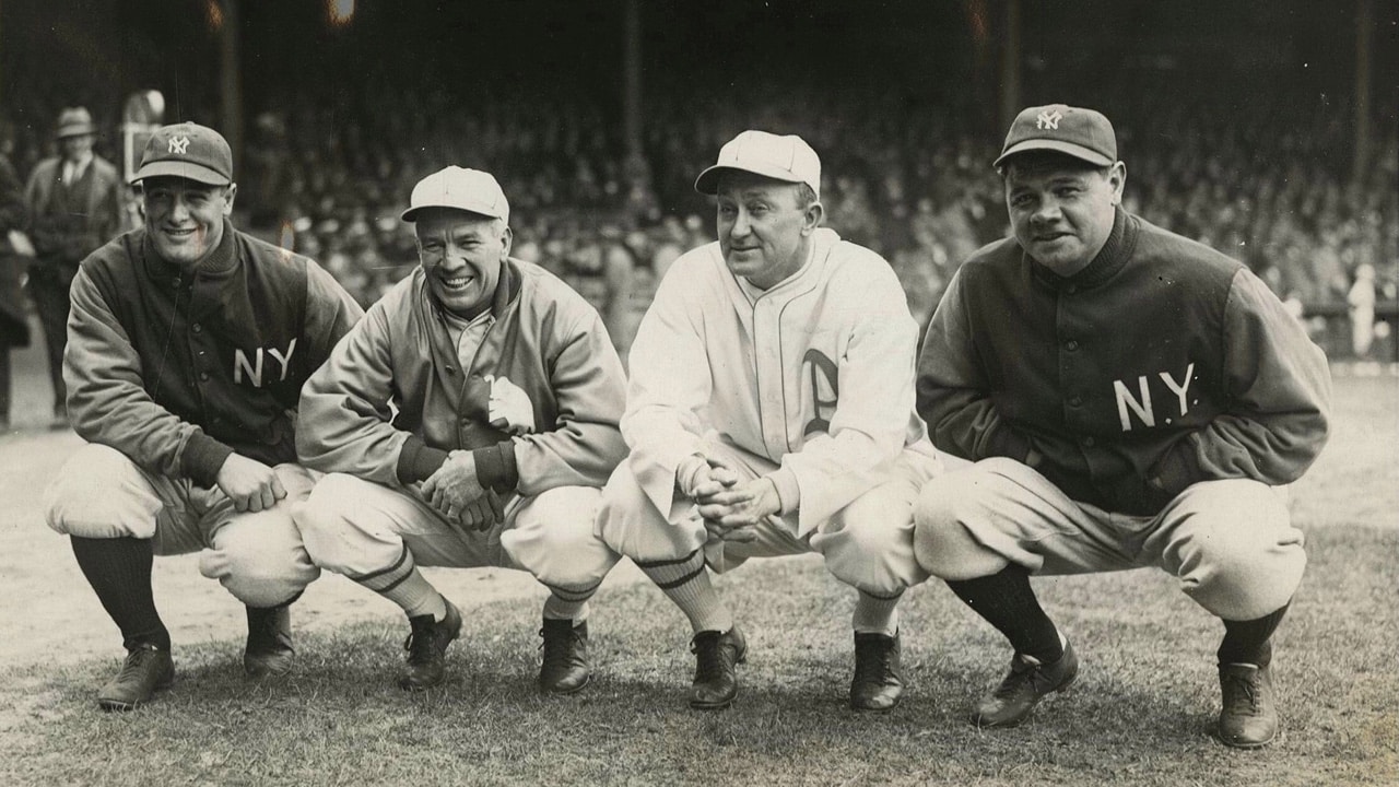 Babe Ruth (far right), outfielder with the New York Yankees with (L/R) teammate Lou Gehrig, along with centerfielders Tris Speaker, and Ty Cobb of the Philadelphia Athletics, circa 1928