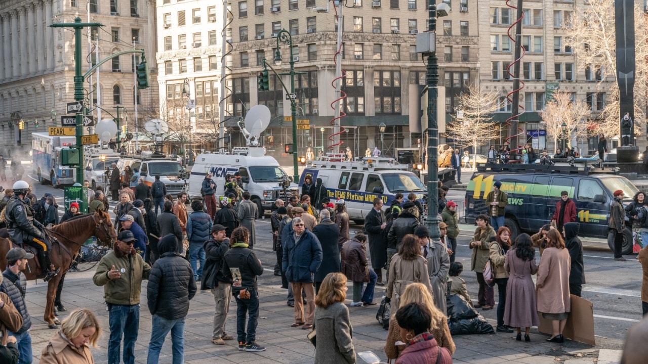 Film extras Atmosphere during filming 'Joker_ Folie a Deux' at the New York County Supreme Court in New York